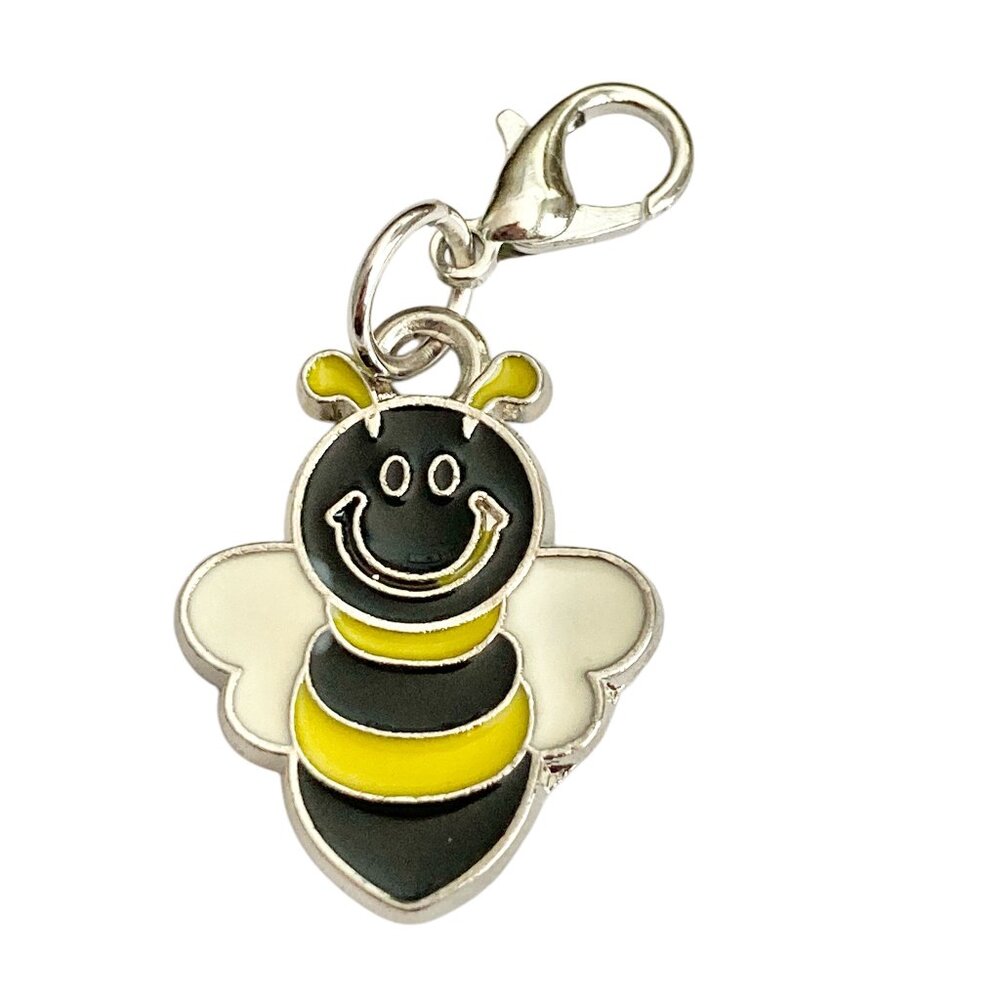 Bumble Bee Clip On Charm for Bracelet Bag Purse Zipper Pull Enamel Silver Plated